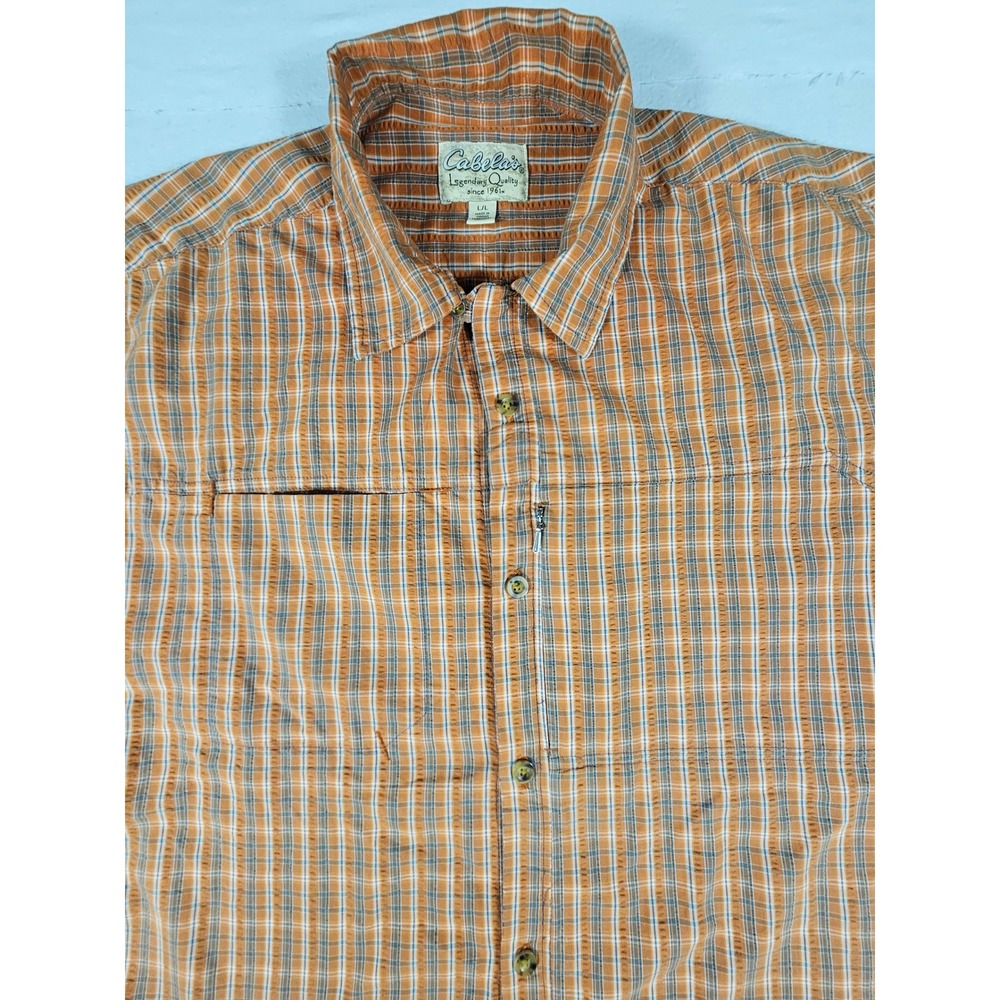 Cabelas Mens Large Orange Plaidβ Short Sleeve Button Up Fishing Shirt M10SH493